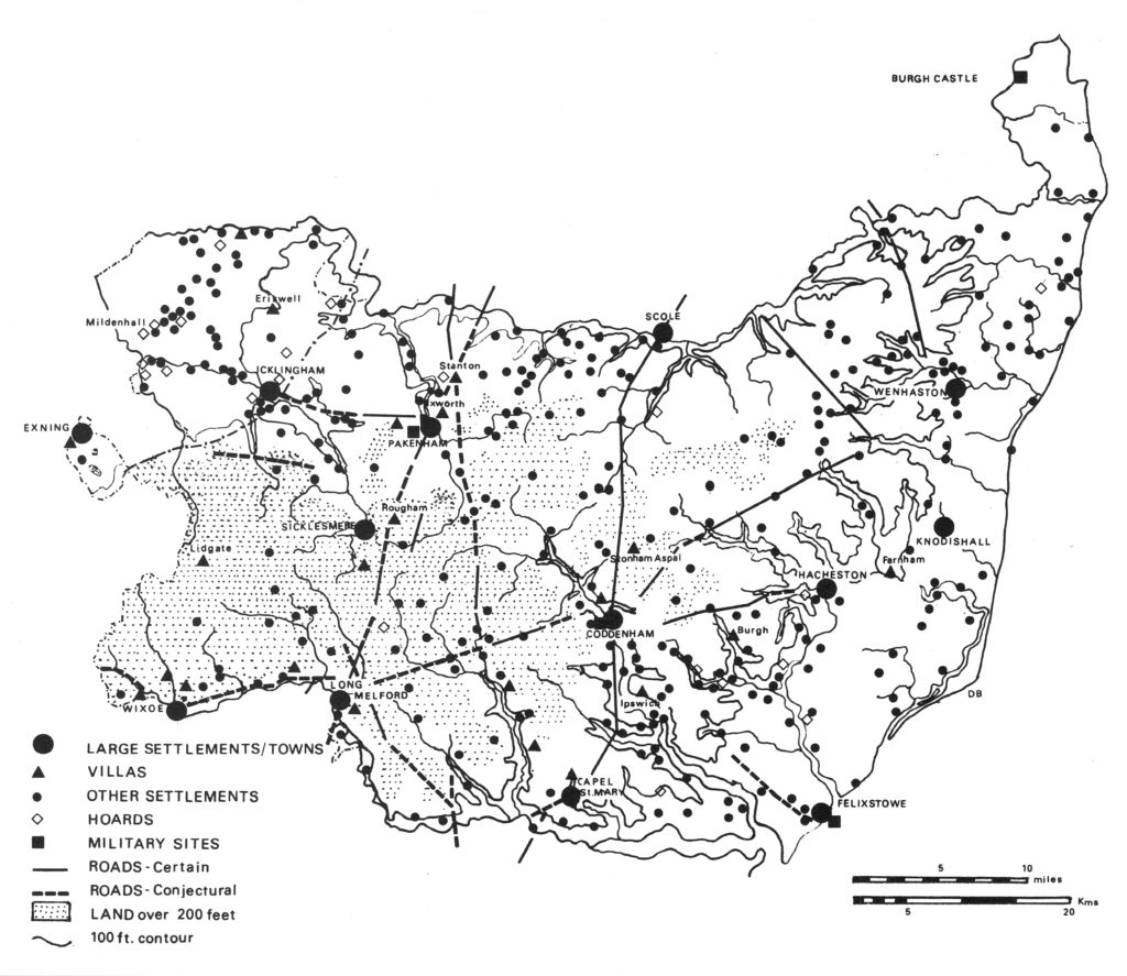 Roman Suffolk: large numbers of rural farmsteads and villages have been recently discovered. Empty areas on the map undoubtedly contain other examples, as yet undiscovered by aerial reconnaisance and fieldwork.