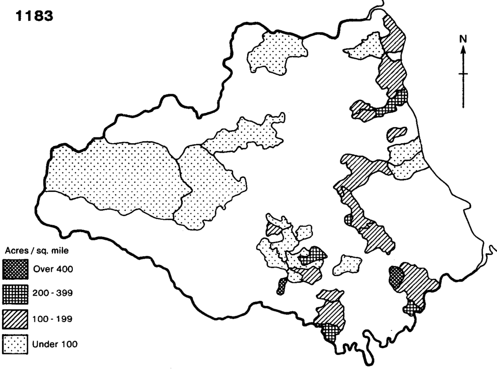 Density of arable land in surveys of the bishop's holding by Le Puiset, 1183