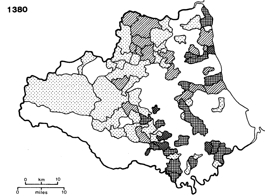 Density of arable land in surveys of the bishop's holding by Hatfield 1380